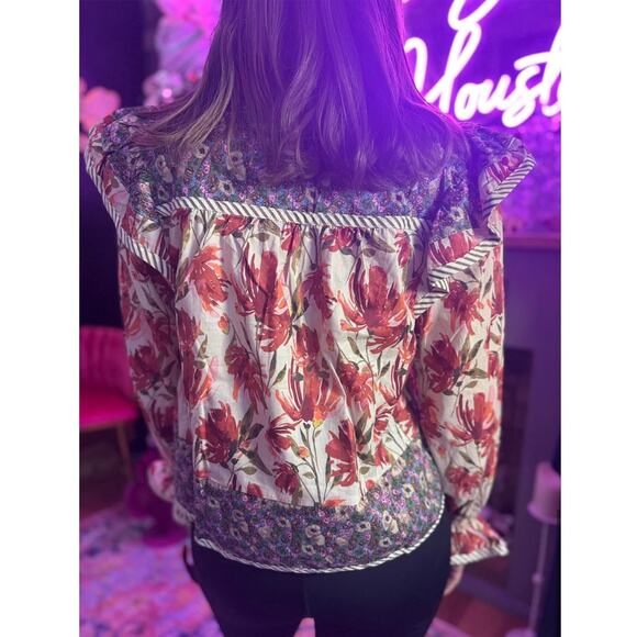 Entro M Boho Cottagecore Floral Mixed Media Ruffle Shoulder Blouse Top M - Picture 9 of 9
